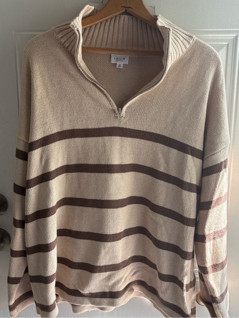 Le Lis Cream & Brown Striped Half-Zip Pullover